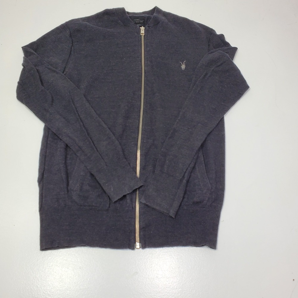 AllSaints Bomber Jacket Men Small Gray Cotton Full Knit Sweater Lightweight